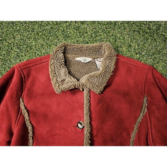 LL BEAN Womens Sherpa Faux Suede Winter Jacket size Medium Red Brown Teddy - Picture 3 of 8